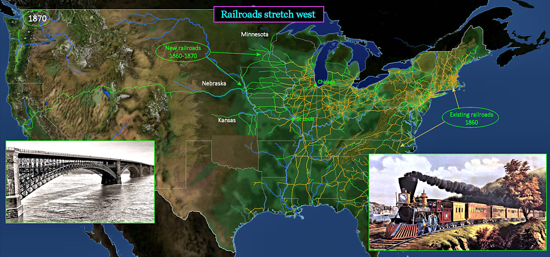 Railroad expansion, 1870 map